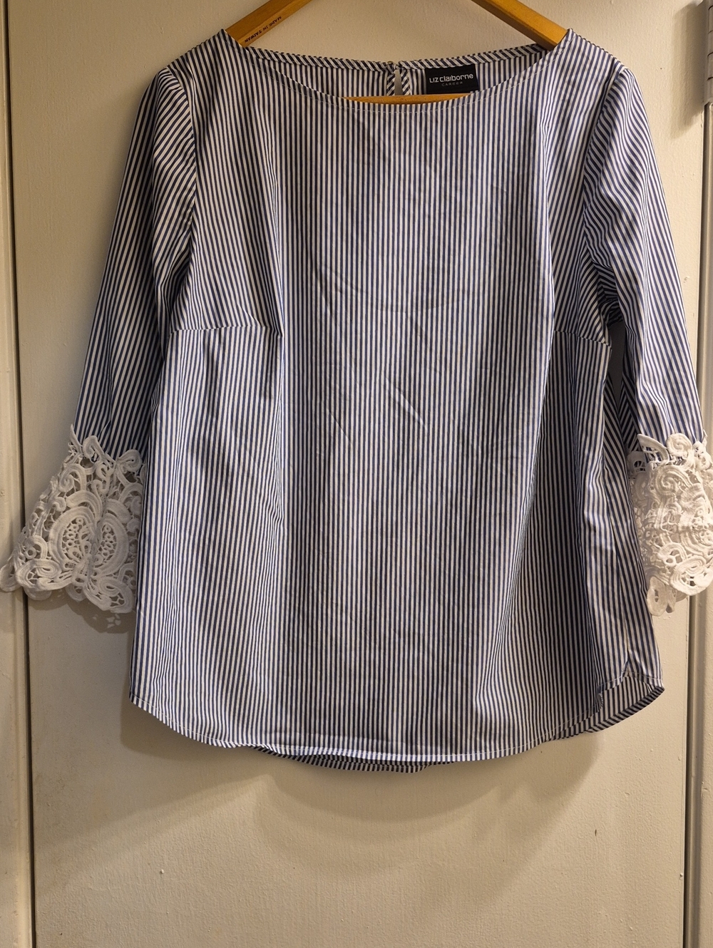 Liz Claiborne Navy & White Striped Top with Lace Sleeves